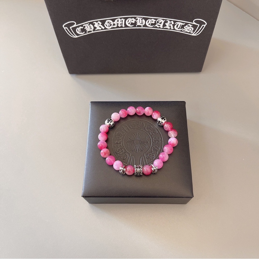 Chrome Hearts Pink Bead Bracelet with Silver Floral Accents